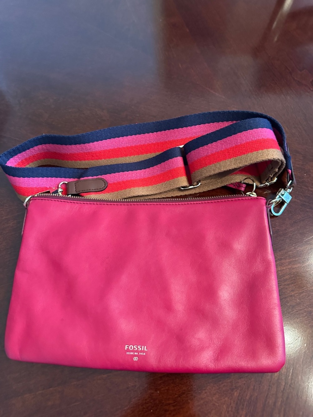 Fossil Pink Leather Crossbody with Striped Webbing Strap